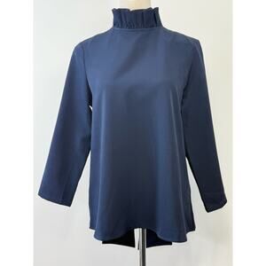 Tuckernuck NWT Faye Ruffle Neck Bow Back Top Navy 3/4 Sleeve Size S